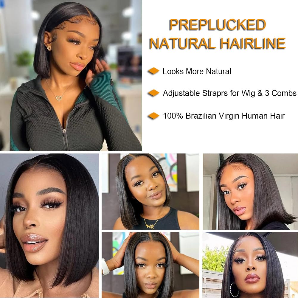 16Inch 13x4 Lace Front Bob Wig Light Blue Human hair 180% Density Brazilian Hair Pre Plucked With Baby Hair HD Transparent Lace Frontal Wig Bleached Knots Straight Glueless Blue Bob Wigs for Women