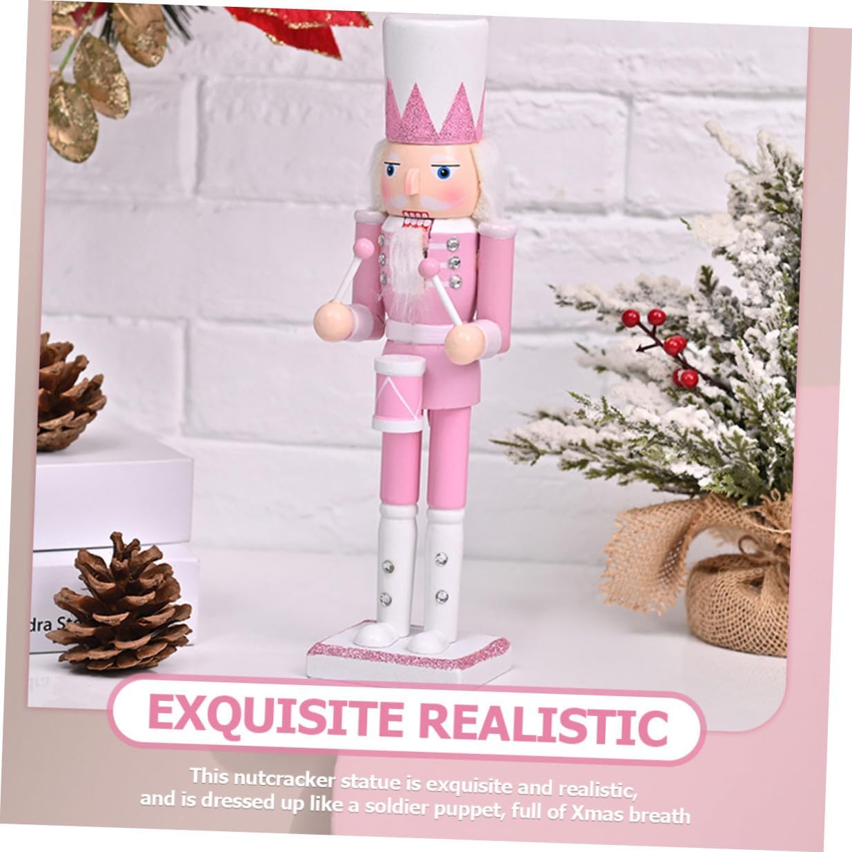 FRCOLOR 4pcs Wooden Christmas Nutcracker Puppets Set, 24cm Pink Xmas Nutcracker Figures Desktop Holiday Decoration and Festive Party Supplies