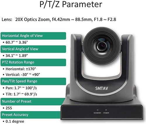 Miniatura 5 de SMTAV Cámara de transmisión NDI 20X óptica + zoom digital de 16X, PTZ de alta velocidad, salida 3G-SDI + HDMI, cámara de videoconferencia compatible