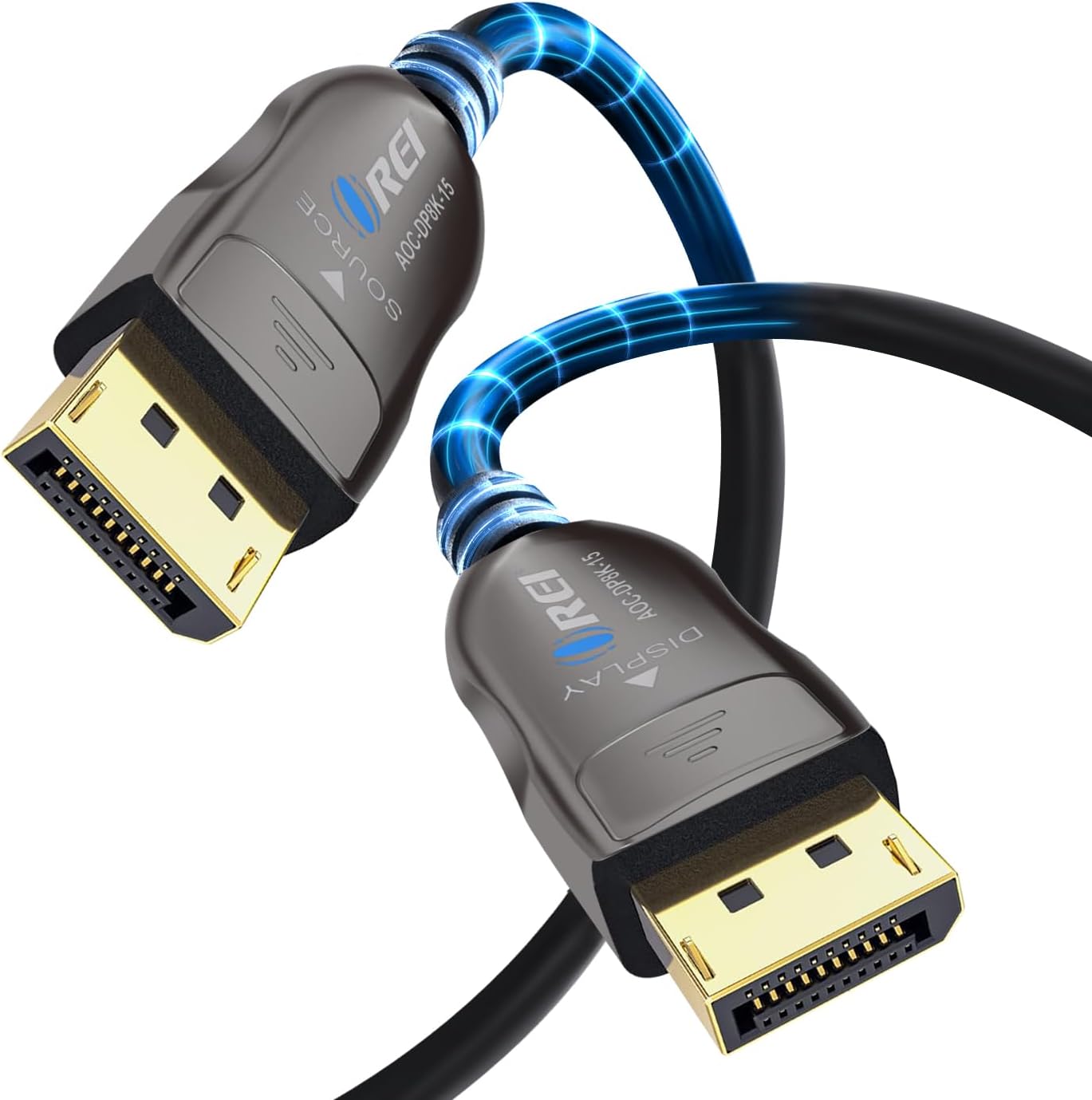 OREI 8K DisplayPort 2.0 Active Optical Cable 15ft, 54Gbps UHBR13.5, 8K@60/30Hz, 4K@144Hz, HDR10+, Dolby Vision, VRR, EMI-Free, Gold-Plated, PVC Cable (AOC-DP8K-15)