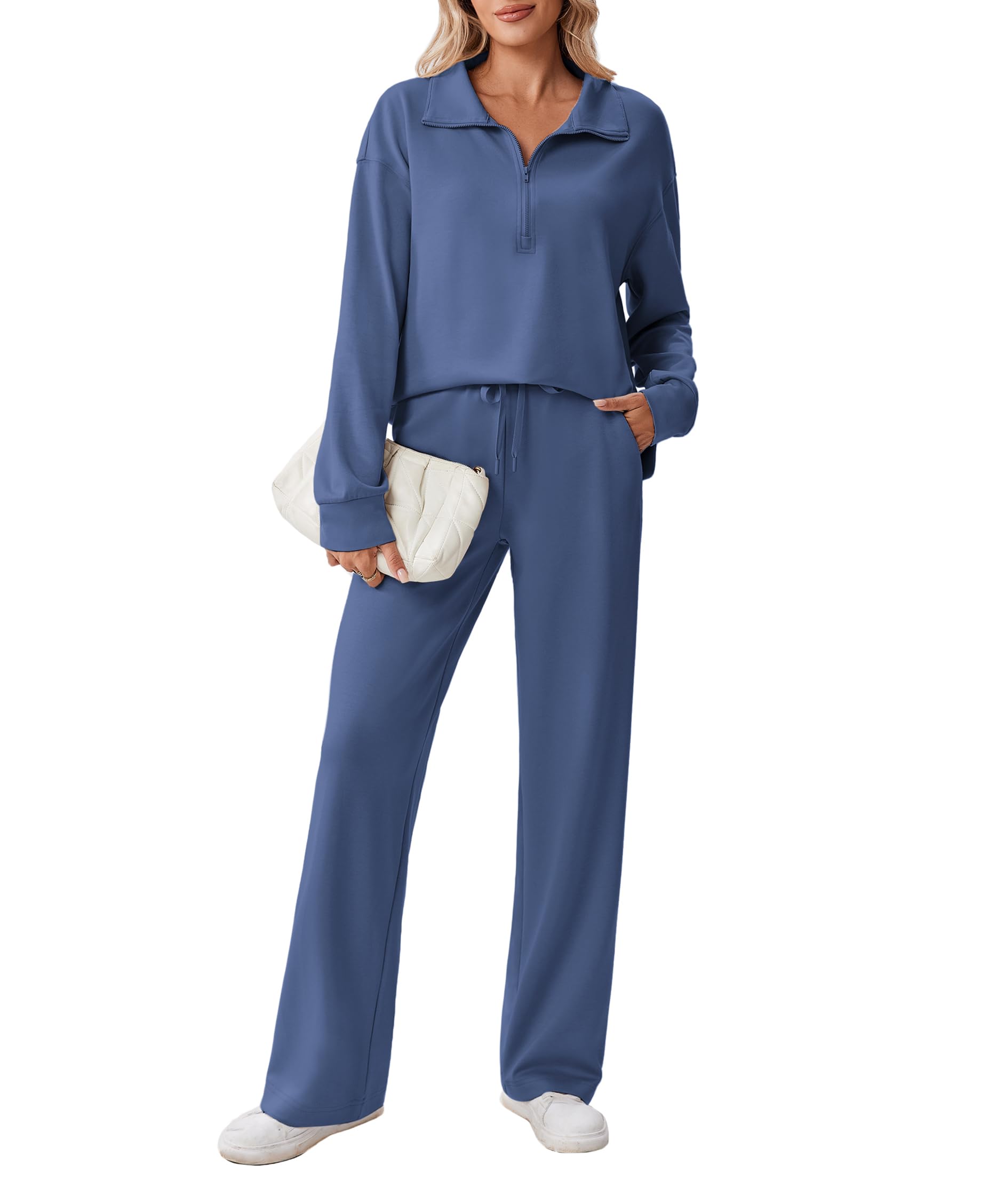 2 Piece Sets for Women 1/2 Zip Sweatsuit Loose Fit Sweatshirt Straight Leg Pants 2026 Matching Outfit Fall Tracksuit-image-39