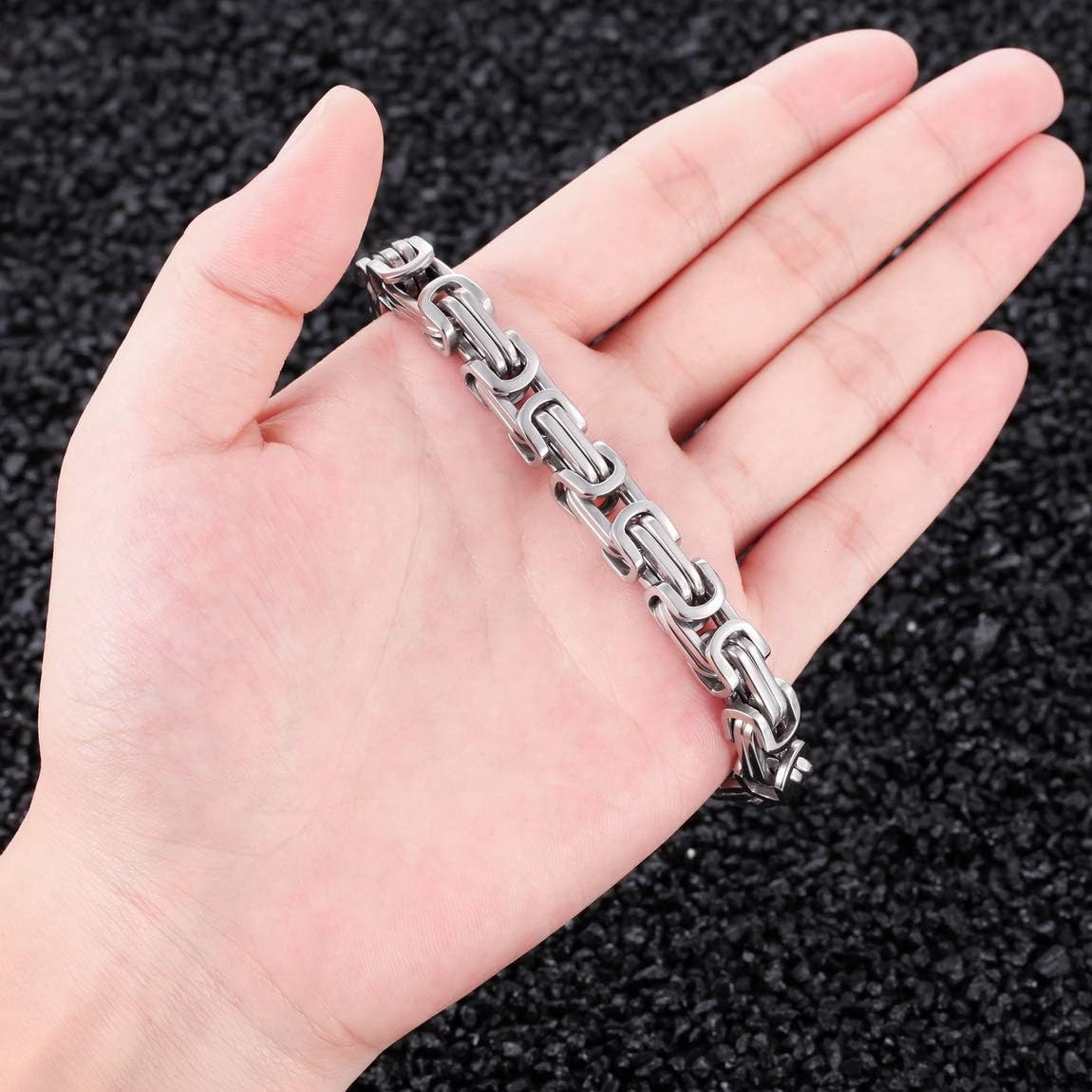 INBLUE 8mm Wide 316L Stainless Steel Bracelet Byzantine Link Chain Bracelet for Men Women Water Resistance (5 Colors - Silver Black Gold Silver and Silver and Gold, 4 Lengths - 7.5" 8" 8.5" 9") - Image 6