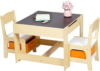Kinsuite 3 in 1 Kids Table and Chair Set, Wood Activity Table and 2 Chair Set for Toddlers Arts Crafts Drawing Reading Playroom, Tabletop Storage Space Gift for Boys & Girls