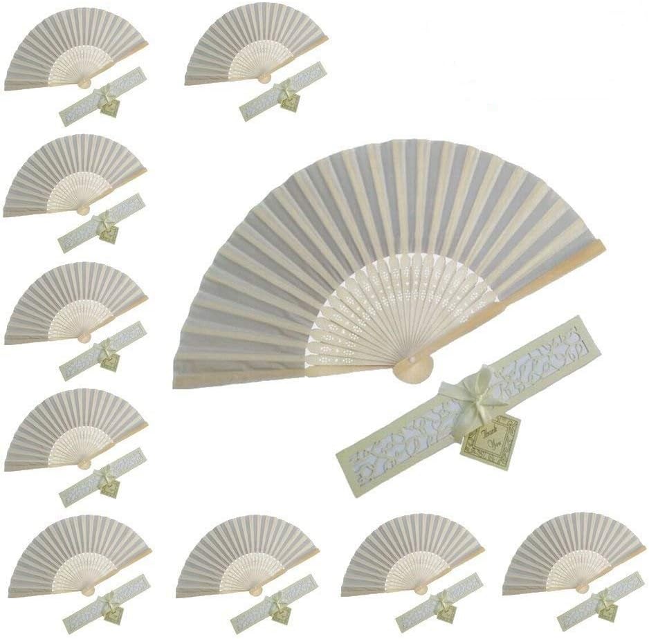 WEN FEIYU 10pcs Folding Silk Hand Fan Versus Gift Box Party or Wedding Gifts (Beige)