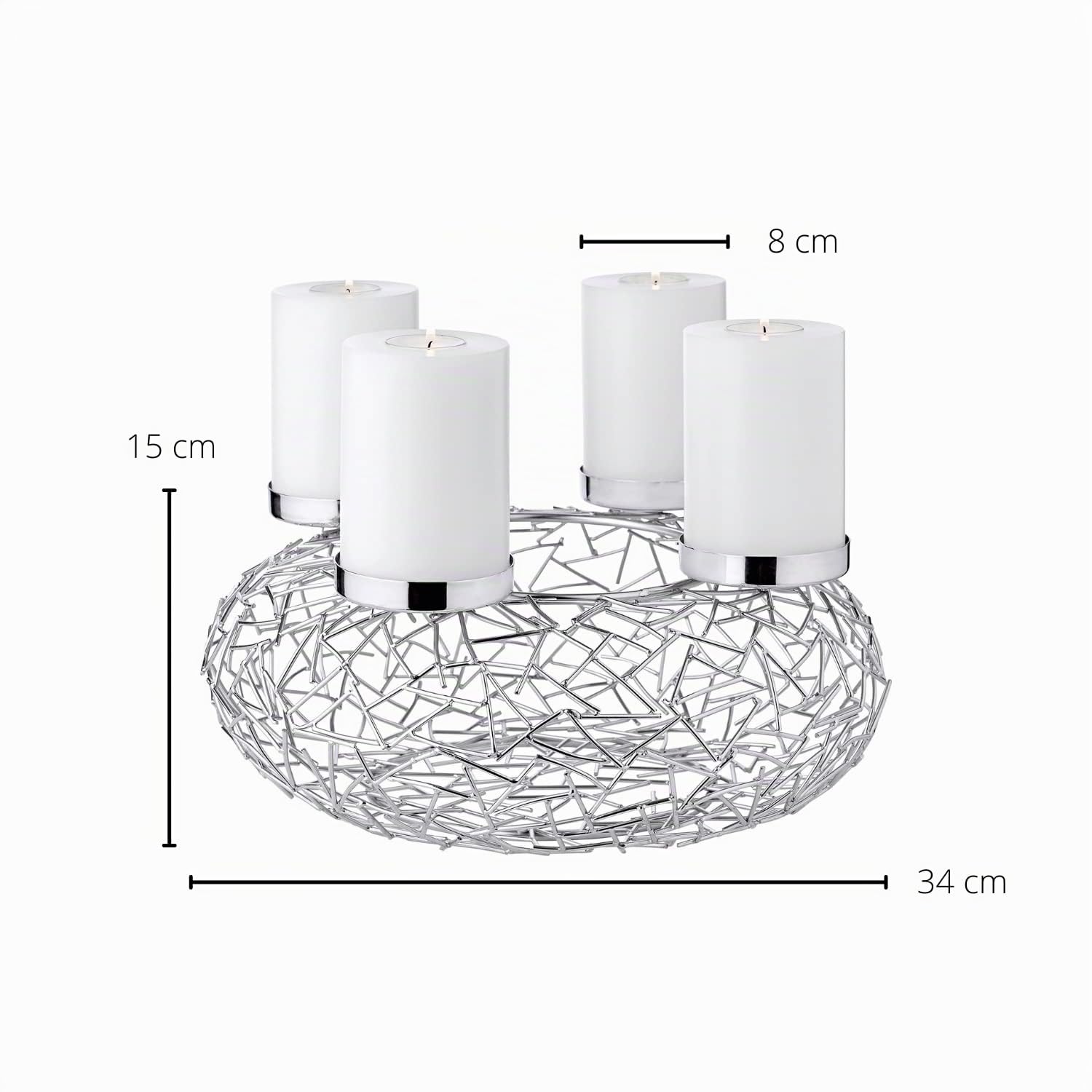 EDZARD Corona de adviento Milano, Acero Inoxidable niquelado, Color Plata, diseño de Rama, diámetro 34 cm, para Velas de 8 cm de diámetro