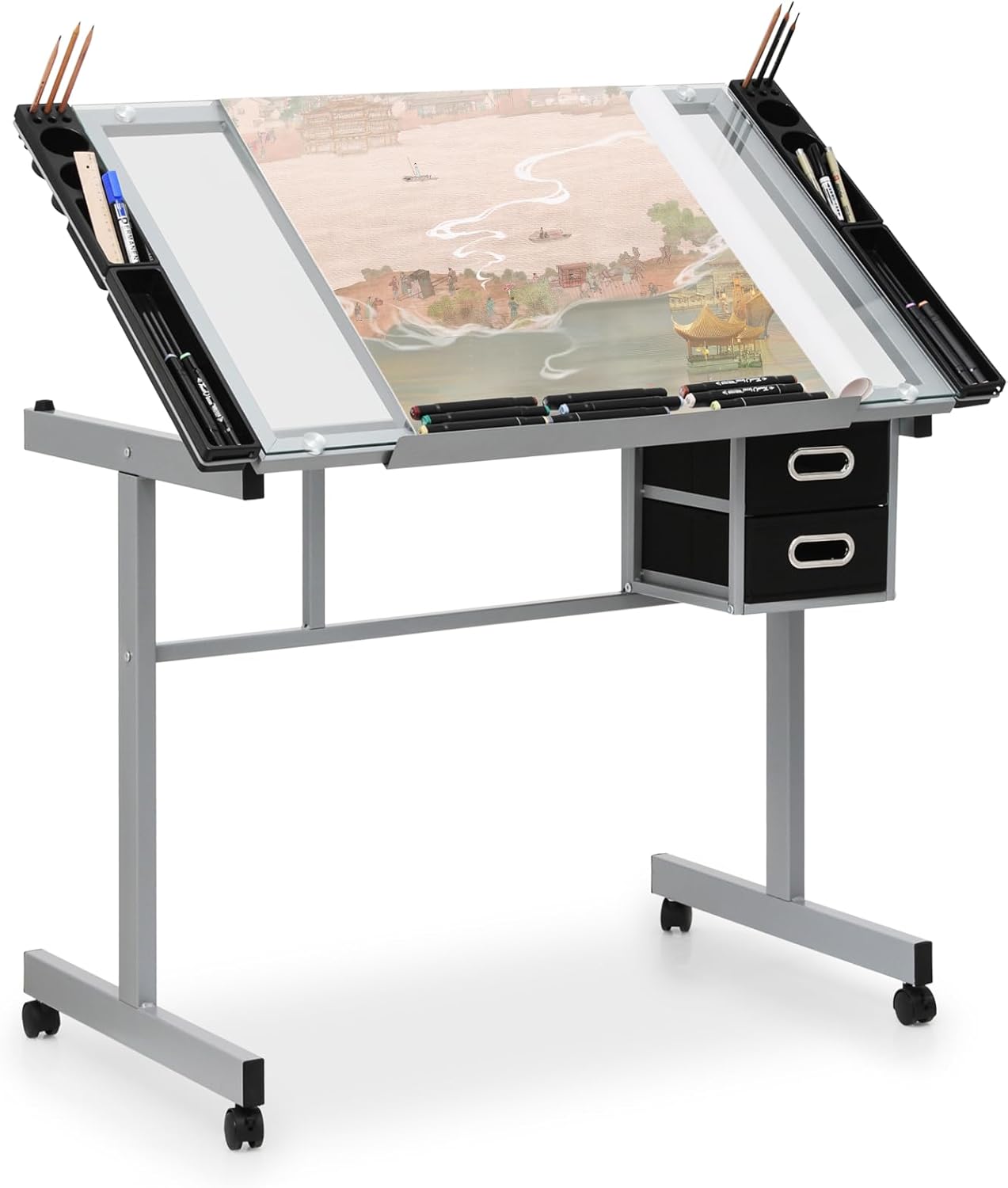 Athena Collection 41" Drafting Table Adjustable Angle Drawing Table Tempered Glass Art Desk Metal Frame Craft Desk for Artist with Fabric Drawers, Rolling Casters and Trays, Light Grey