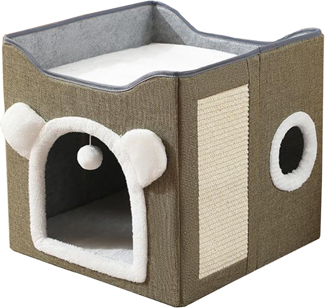 Cat Bed for Indoor Cats Foldable Cat Houses with Fluffy Ball and Scratch Pad Large Cat Cave Green Cat Hideaway