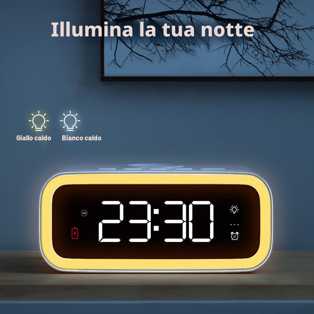 Radiosveglia con USB e Caricabatterie Wireless per Auto Home Office, Sveglia a Ricarica Rapida 15W con Funzione Luce Notturna, Bianco Scuro