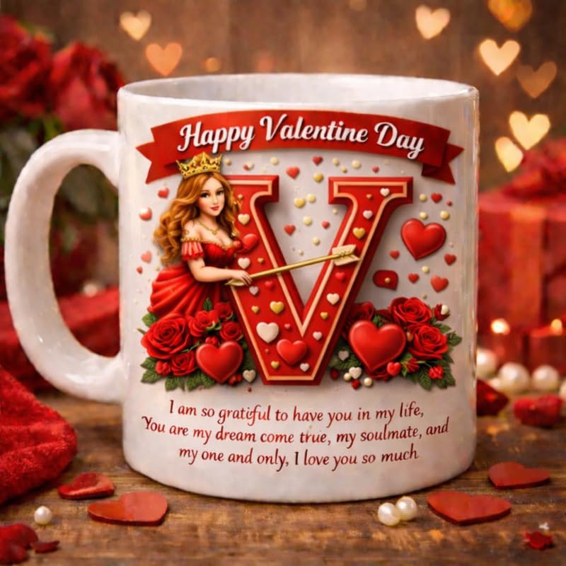 Valentine Day Alphabet V Coffee Mug | Romantic Love Gift for Girl...