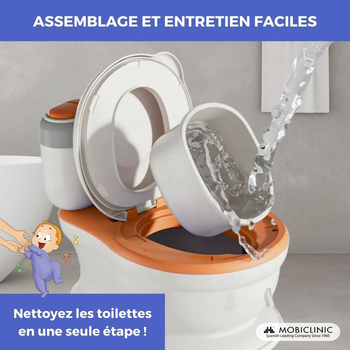 Mobiclinic® kids, Pot Bebe Toilette Musical, Toikid, 1-3 ans, Son de décharge, Avec couvercle, Compartiment papier, Fonctionne piles, Cuvette amovible, Siège imperméable (orange)