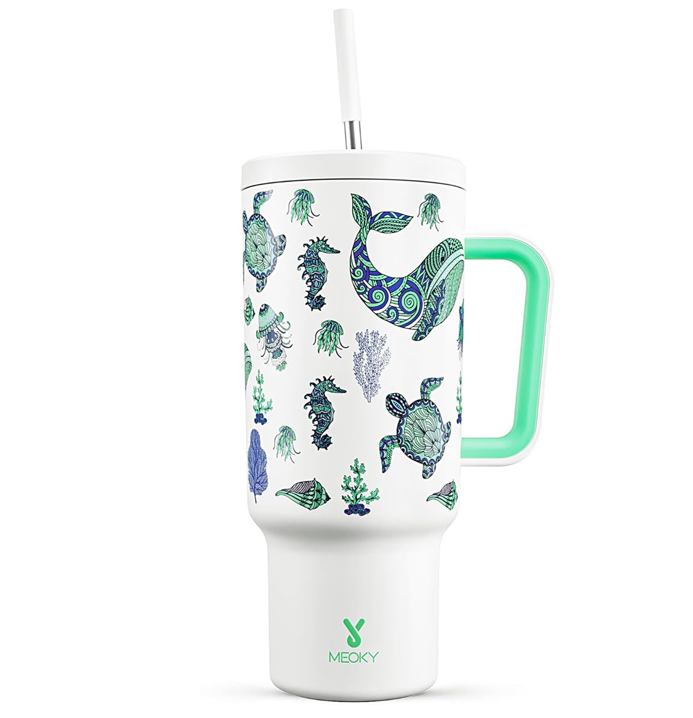 Meoky 40 oz Glow in the Dark Tumbler with Handle and Straw, Tumbler with Lid and Straw, Insulated Stainless Steel Travel Mug, 100% Leak-proof, Keeps Cold for 34 Hours (1 Pack, Sea Life)