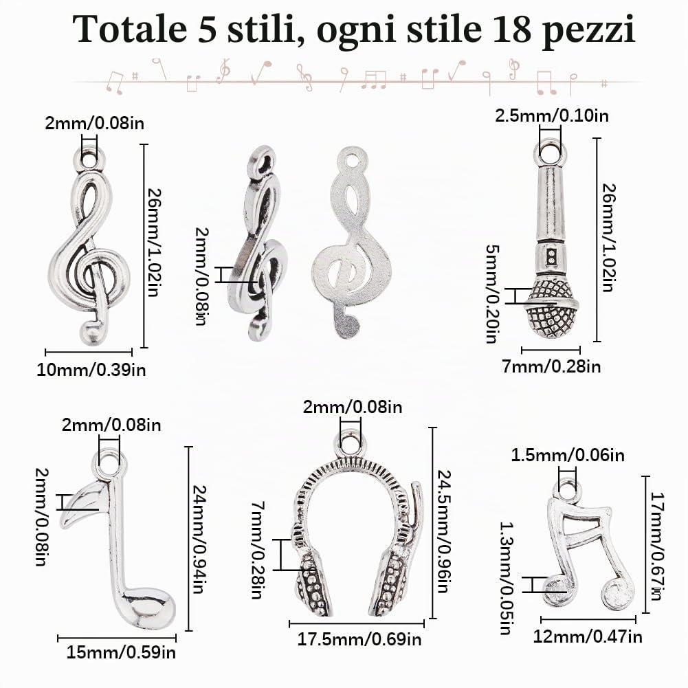 SUNNYCLUE 1 Scatola 90 Pezzi 5 Stili Ciondoli Musicali Sfusi Note Musicali Fascino Strumento in Argento Tibetano Mini Simbolo Suono Fascino per Creazione di Gioielli Forniture di Ciondoli Collana Fai