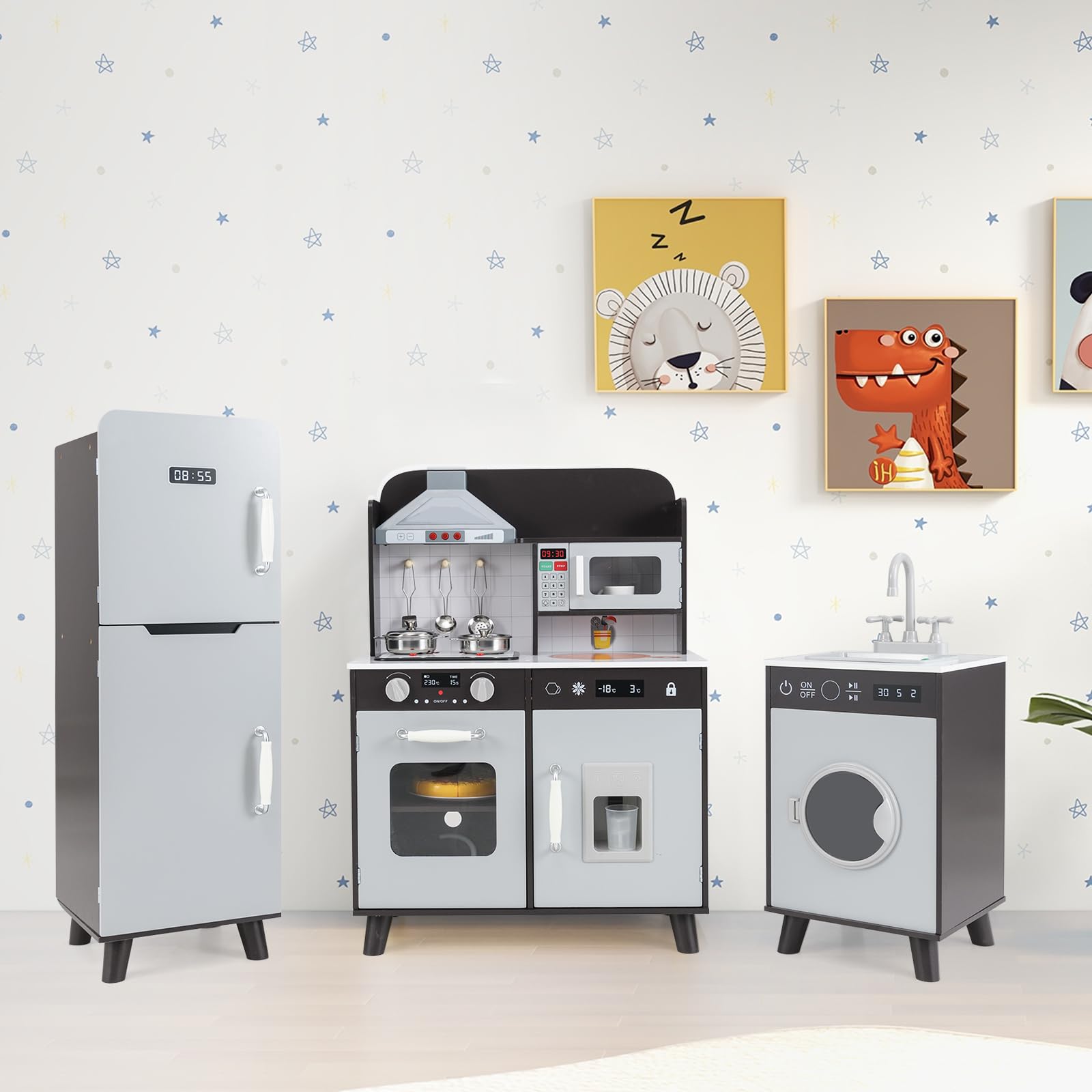 HOMASIS Cucina Giocattolo per Bambini, Gioco di Imitazione con Luci e Suoni, Lavatrice, Macchina per Ghiaccio, Fornello, Lavello, Microonde, Set da Cucina per Bambini dai 3 anni in su (Marrone)