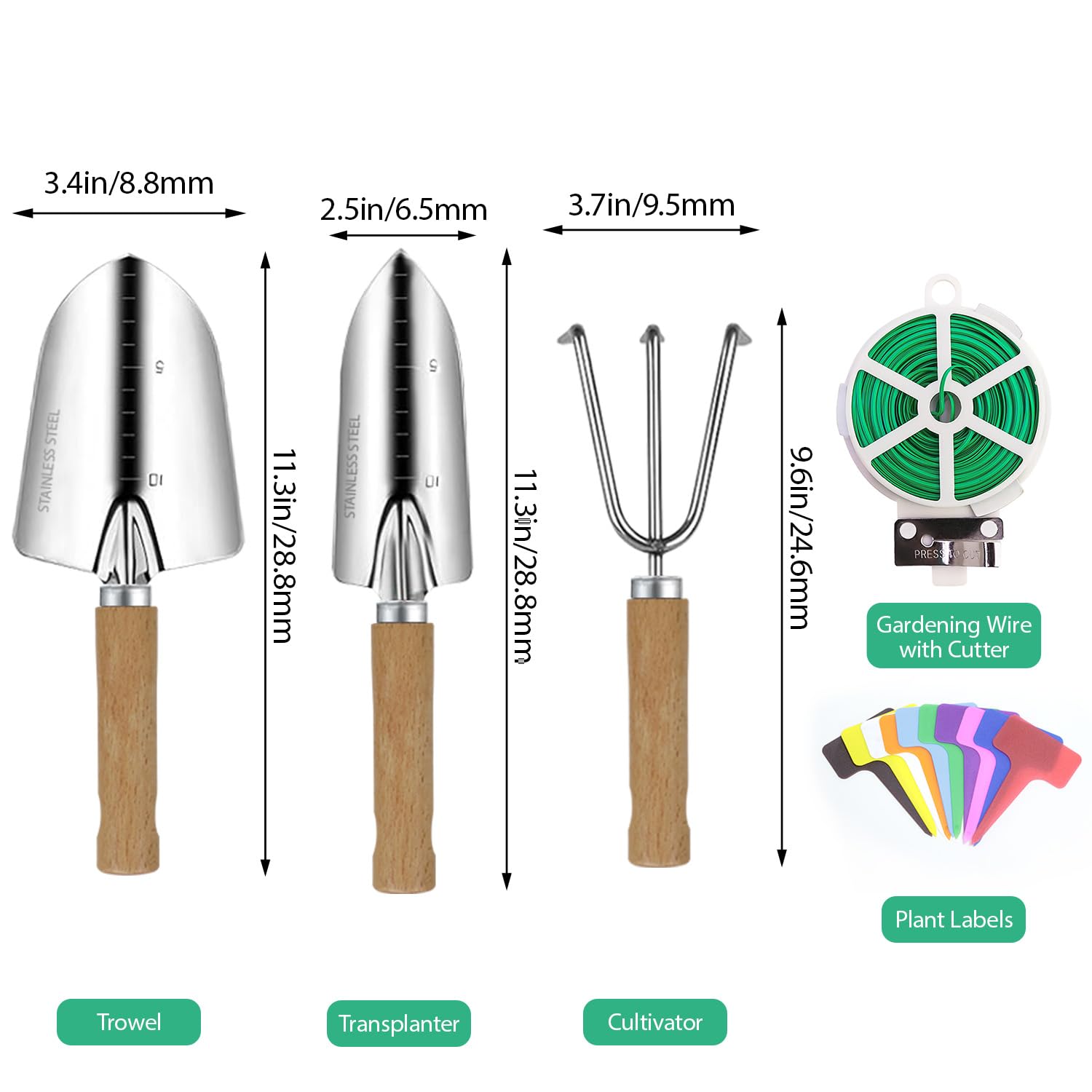 LeMotech Juego de herramientas de jardín, 3 piezas de acero inoxidable, kit de jardinería resistente que incluye paleta transplantadora, cultivador, herramientas manuales de jardinería con mango de