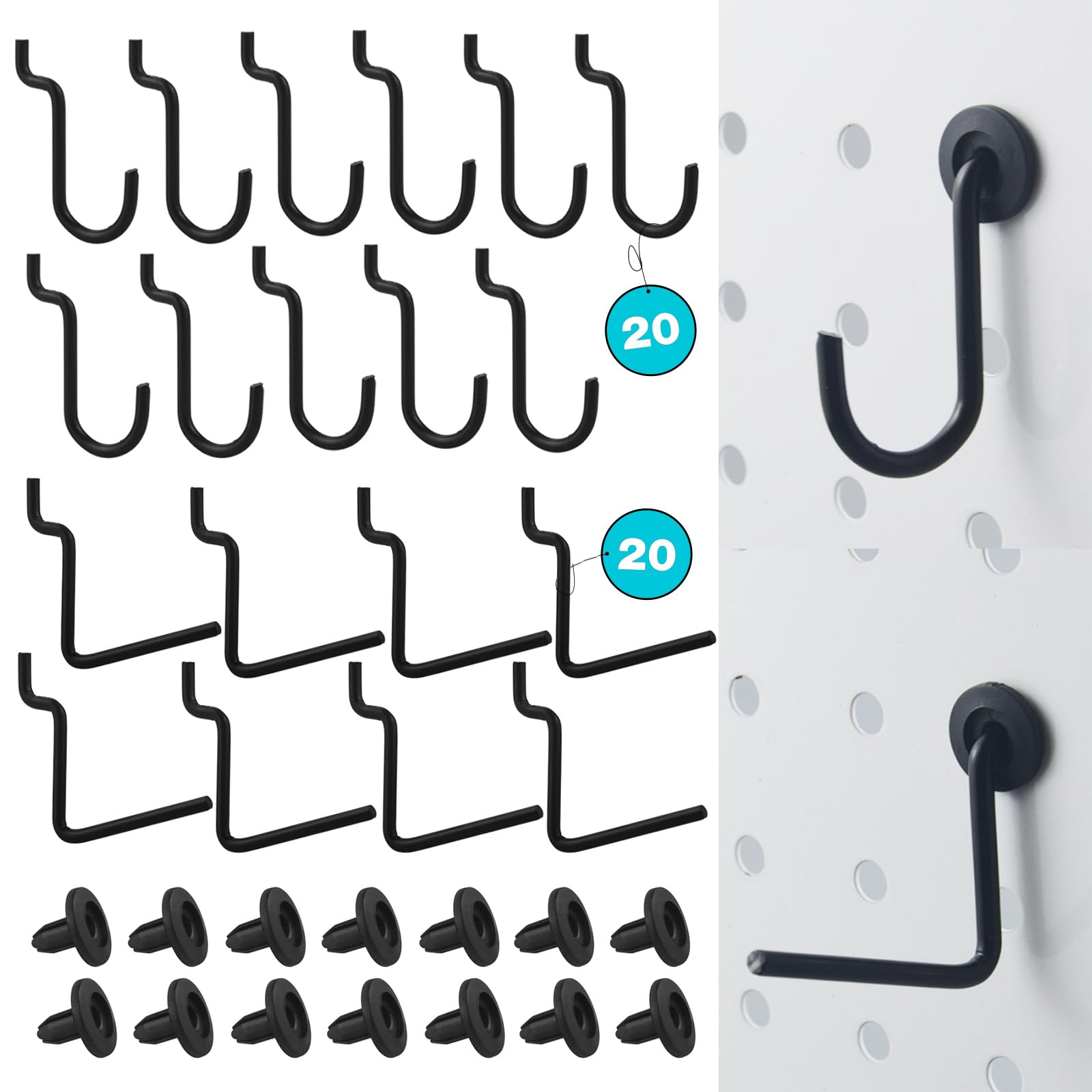 Pegboard J Hooks Accessories - 40 Set Peg Board L and J Type Hooks Fit 1/4 Pegboards - Metal Heavy Duty Small Racking Hangers Utility Tool Organizers for Kitchen Garage Workshop Craft Office (Black)