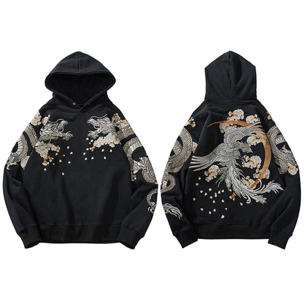 Felpa con Cappuccio da Uomo Hip Hop Streetwear Felpa con Ricamo Floreale in Pile di Cotone con Ricamo Drago Cinese Phoenix