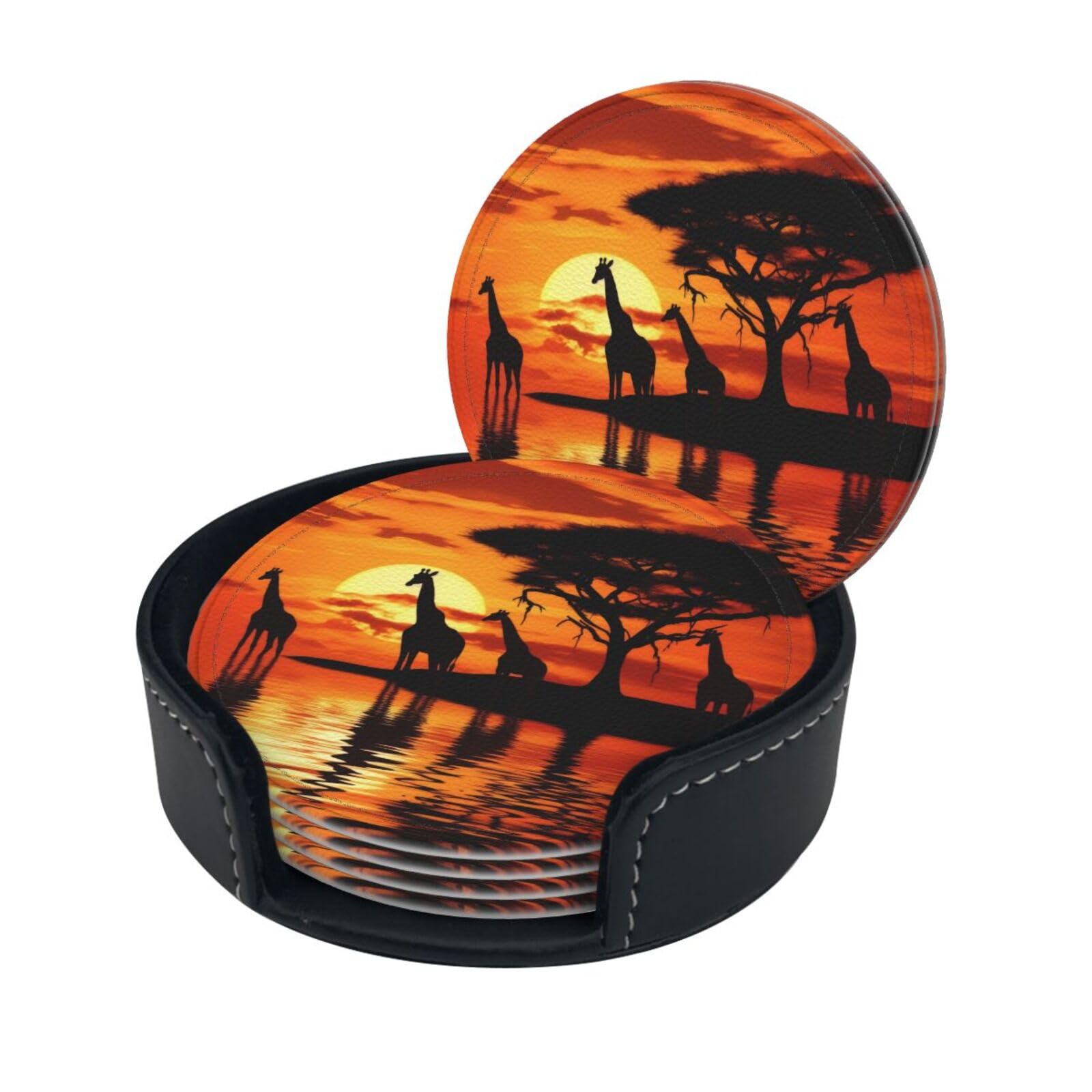 Stylish Coasters - Africa Giraffe Majestic Tree Set of 6 Round Leather Drink Coasters with Holder - Perfect Size for Cups and Glasses