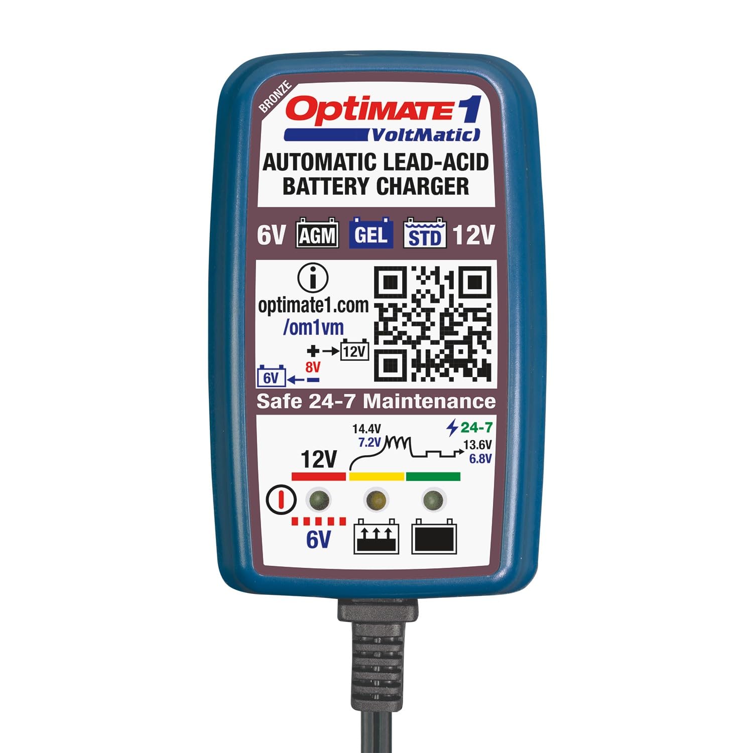 Optimate 1 VoltMatic Chargeur et Mainteneur de Batterie 6V/12V – Automatique à 4 Étapes (0.6A) – pour Batteries au Plomb 6V & 12V (STD. AGM. Gel) – Intelligent et Sûr