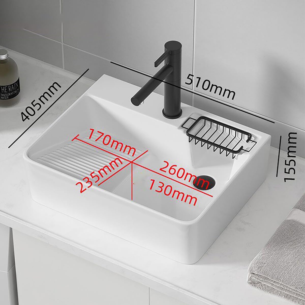 Fregadero de lavadero de baño Rectangular de cerámica, Bañera De Lavandería De Balcón con Tabla De Lavar, Grifo Y Desagüe Emergente(White,510x405x155mm)