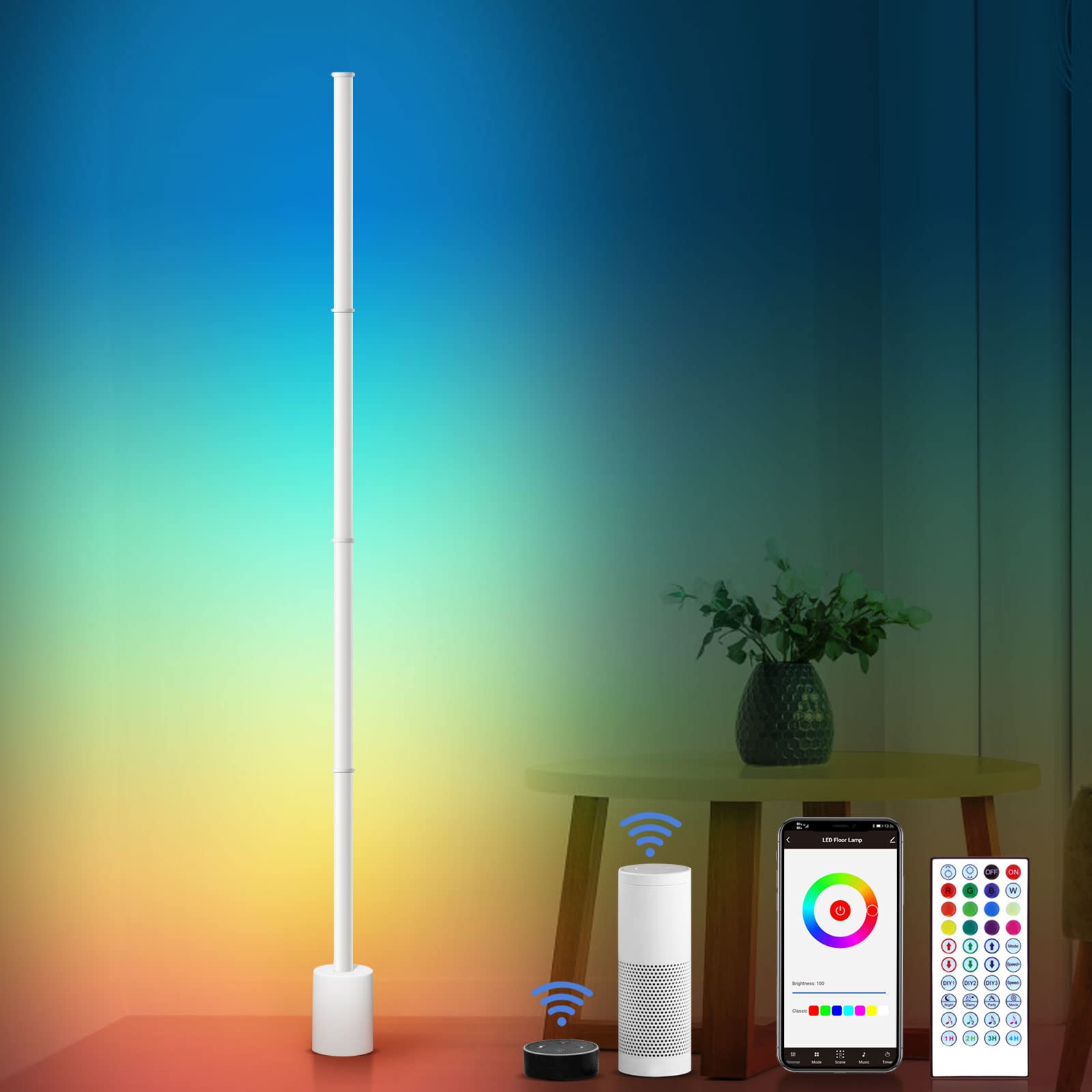 BUONTEMPO LED Smart Floor Lamp, Compatible with Alexa&Google Home, Music Modes, 16 Million Colors RGBW LED Corner Lights, Dimmable Standing Lamps for Living Room Control with APP and Dimmer, White