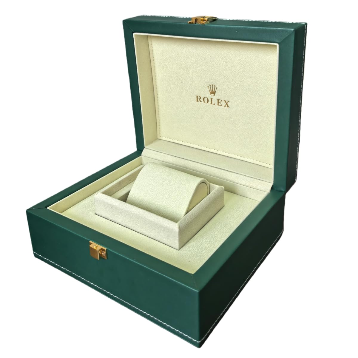 Pudełko na Zegarek Zielone Przeszycia Twarda Obudowa Złoty Zamek Kremowe Wnętrze Etui Podróżne Solidne dla Rolex Day-Date