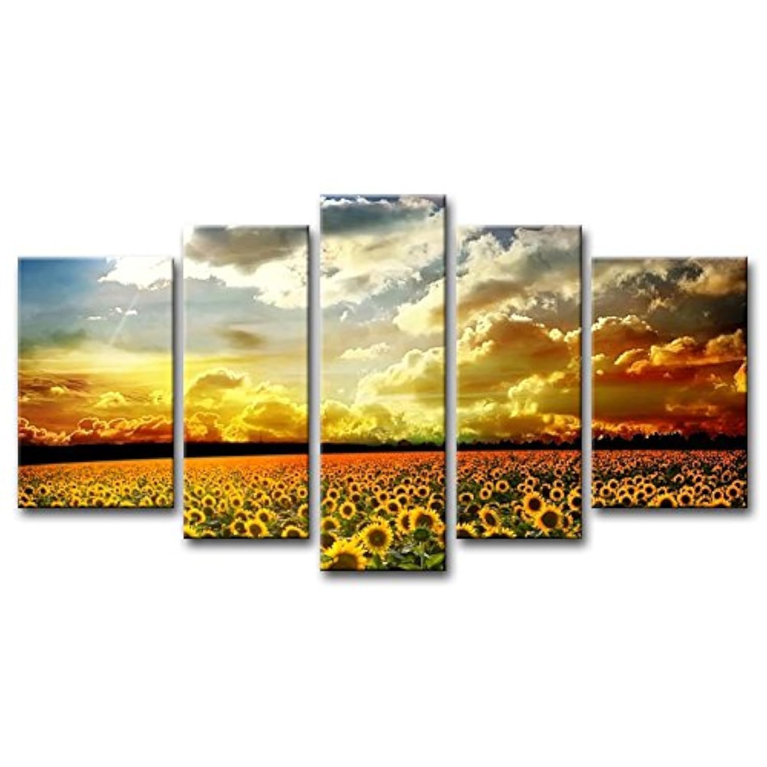 So Crazy Art- Sunflower Wall Art Decor Yellow Flower Under Sunset with Beautiful Sky Canvas Pictures Artwork 5 Panel Plant Painting Prints for Home Living Dining Room Kitchen