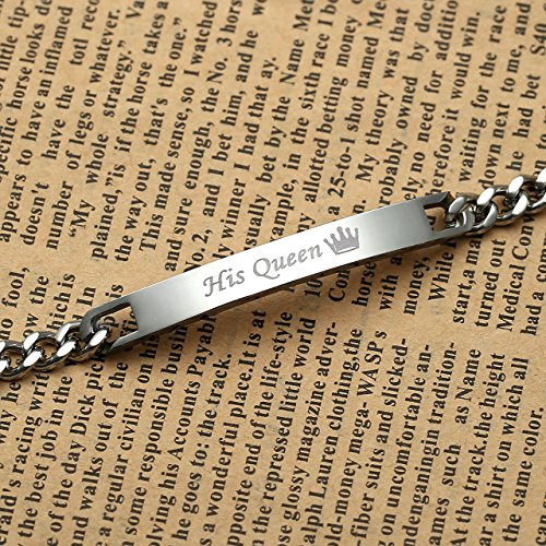 PiercingJ "Her King und His Queen Schrift EIN Paar Partner Armbänder aus Edelstahl Curb Kette Armband für Herren Damen, 7.5"-10.2", Silber
