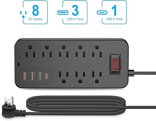 Miniatura 5 de Cable de extensión con protector de sobretensiones  Barra de alimentación trenzada de enchufe plano con 8 tomas amplias y 4 puertos USB (1 USB C),