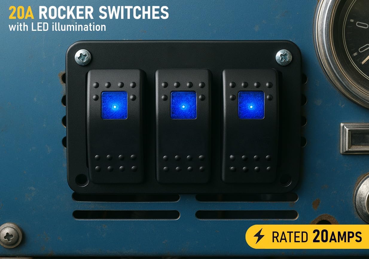 MGI SpeedWare 3 LED Rocker Switch Panel, 12/24vDC Automotive and Marine, Black Powdercoat Steel (Blue)