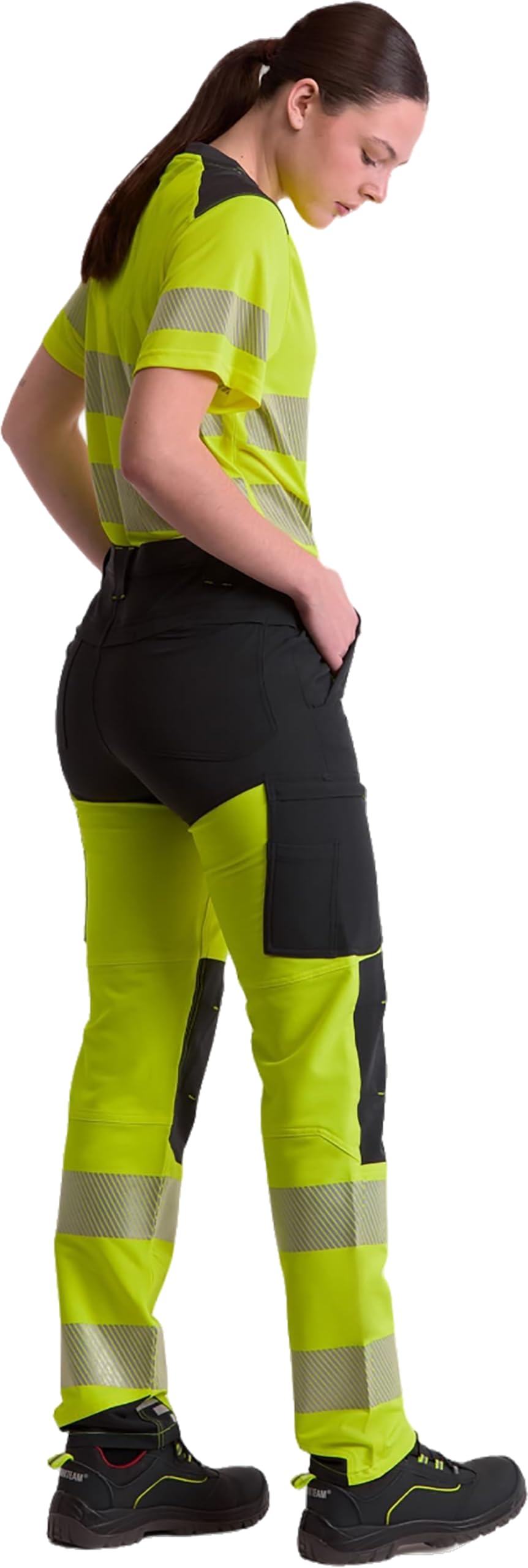 WORKTEAM Pantalón Elástico Alta Visibilidad con Cintas Reflectantes Segmentadas, Slim Fit, Multibolsillos con Cremallera, Refuerzo en Rodillas, Unisex