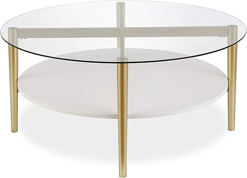 Miniatura 5 de Otto - Mesa de centro redonda de 36 pulgadas de ancho con estante MDF en latónlaca blanca