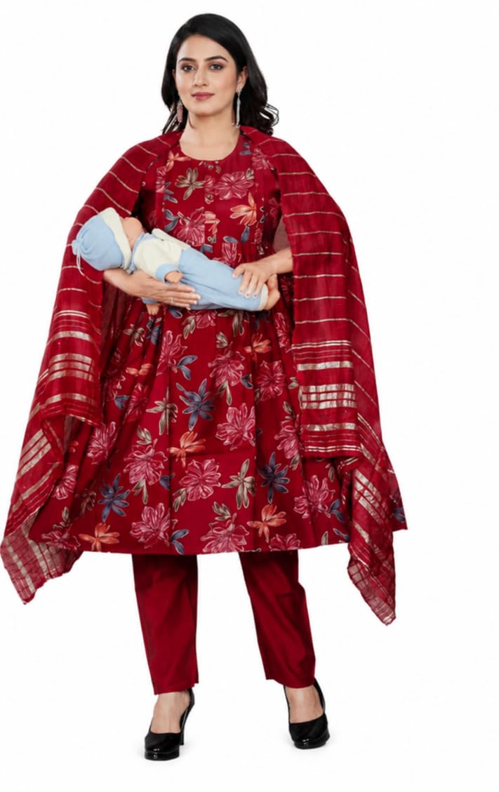 Floral Print Feeding Kurti Set with Dupatta Maroon-picture-33