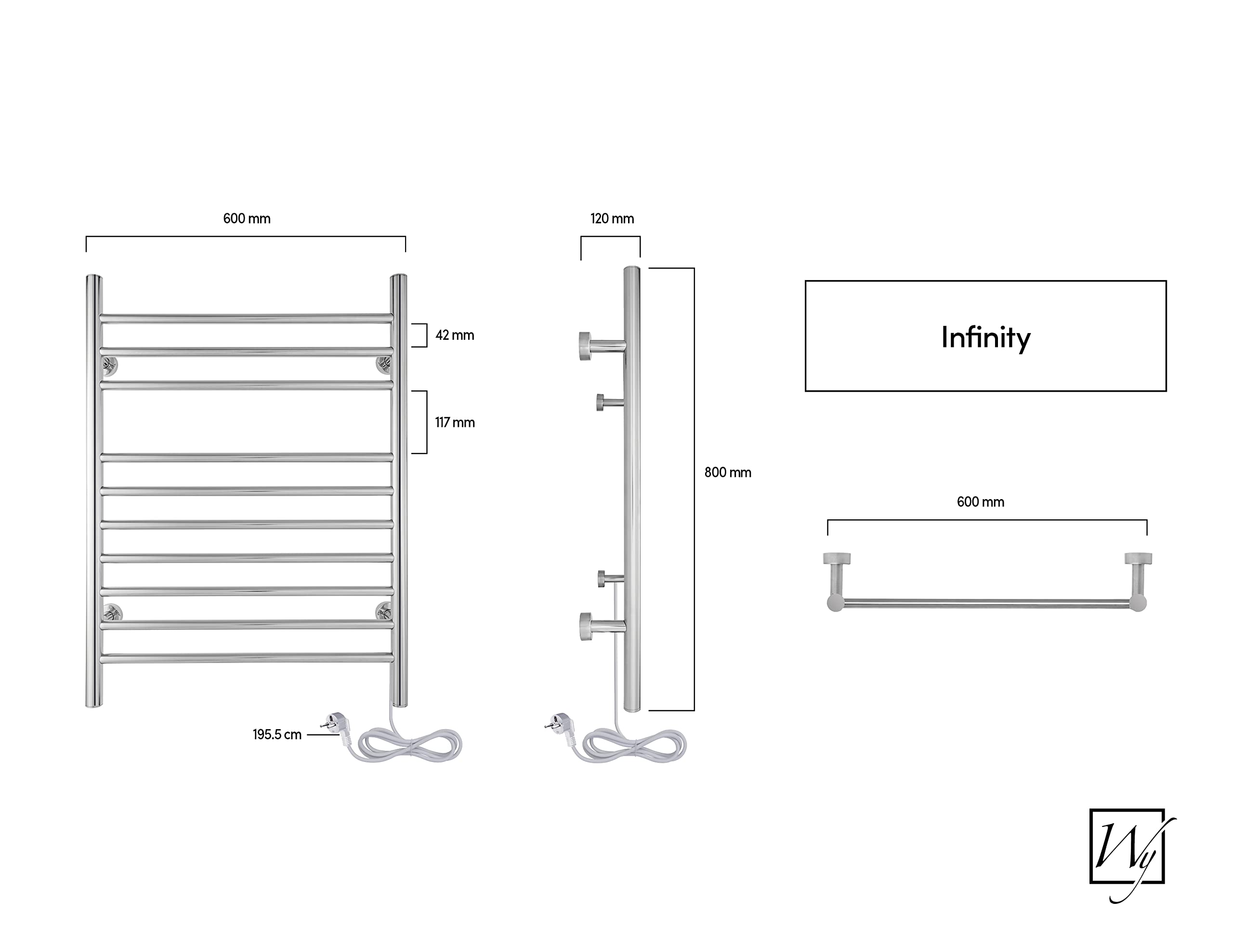 Toallero calefactado «WarmlyYours Infinity», 10 Barras, Acero Pulido | Calentador eléctrico de toallas de pared, 150 W, 10 barras calefactoras para toallas y albornoces, instalación con cableado