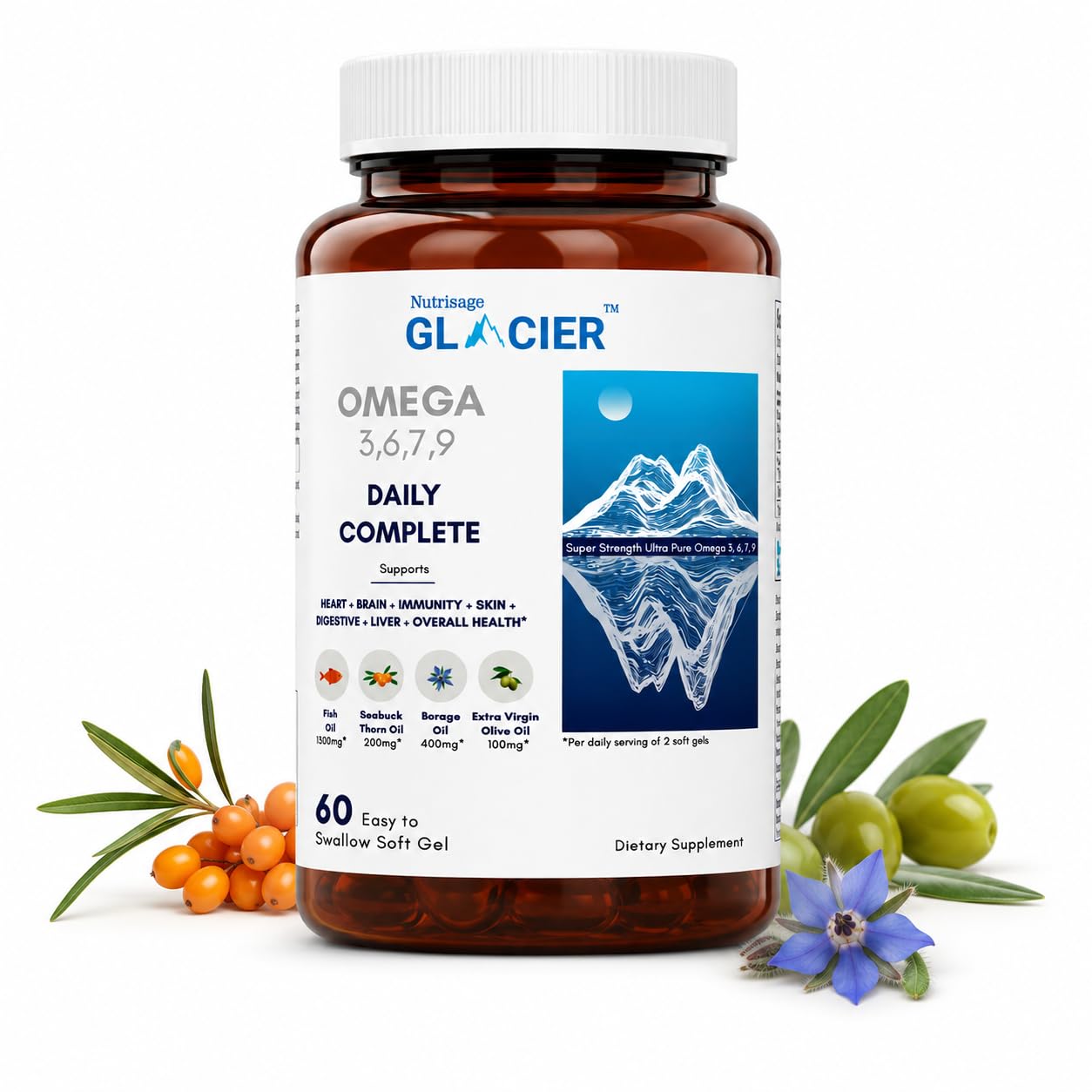 Nutrisage Glacier Daily Complete Omega 3,6,7,9-2020 mg Fish Oil, Seabuckthorn, Borage & Olive Oil & Vitamin D - Full Spectrum of Omega for Complete Health - 60 Enteric Coated Soft Gels- Pack 1-image-20