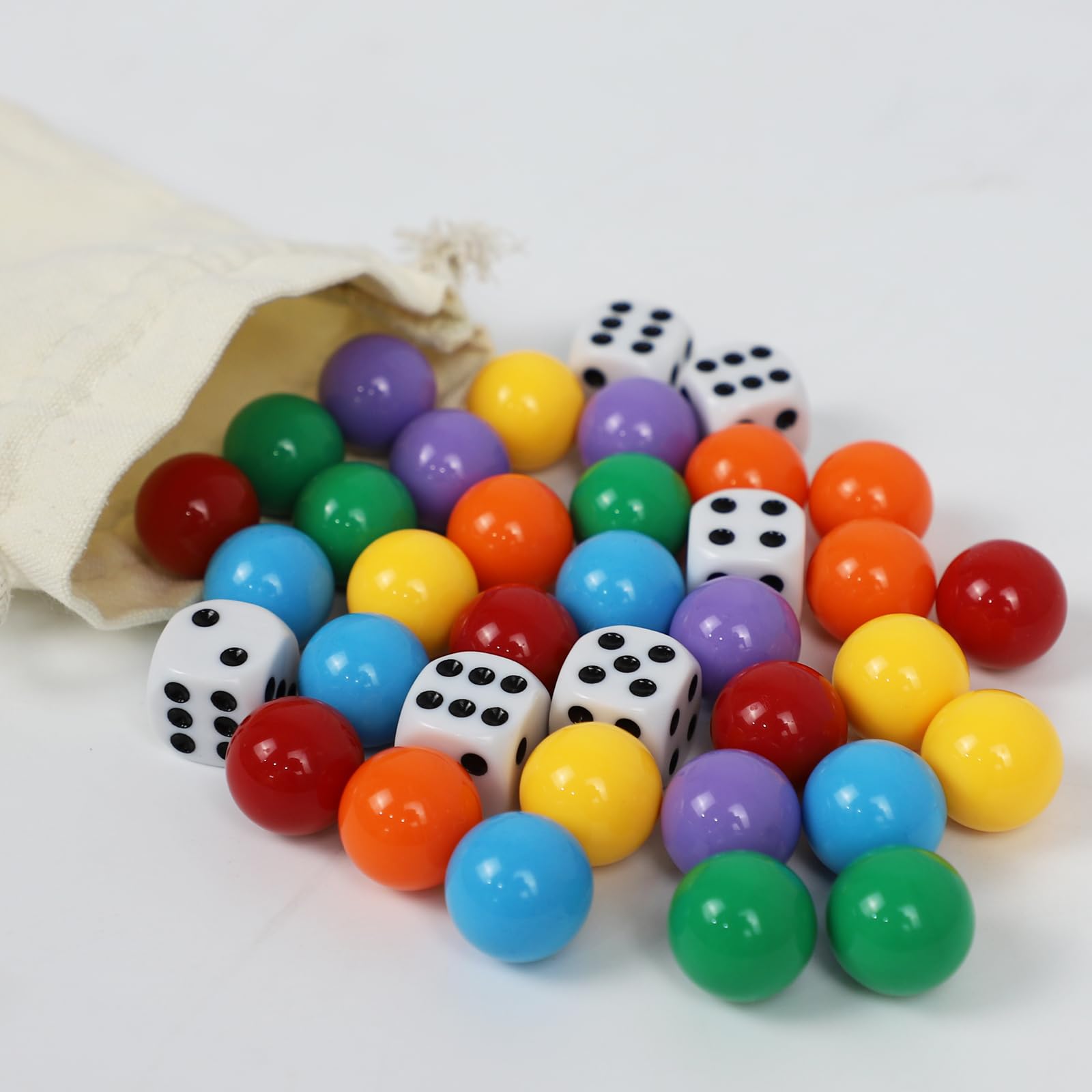 Canicas de repuesto para juego de mesa Wahoo de tamaño grande de 20 mm, 5 de cada uno de los 6 colores, 6 dados y una bolsa de juego para agravación Wahoo juego de mesa