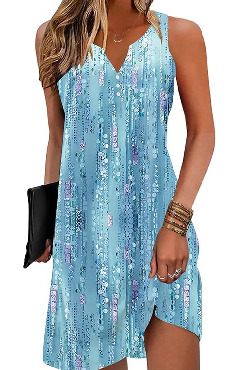 V-Neck Floral Printed Summer A-Line Elegant Dresses Womens Vintage Sleeveless Beach Sundress Ladies Casual Loose Boho Dress