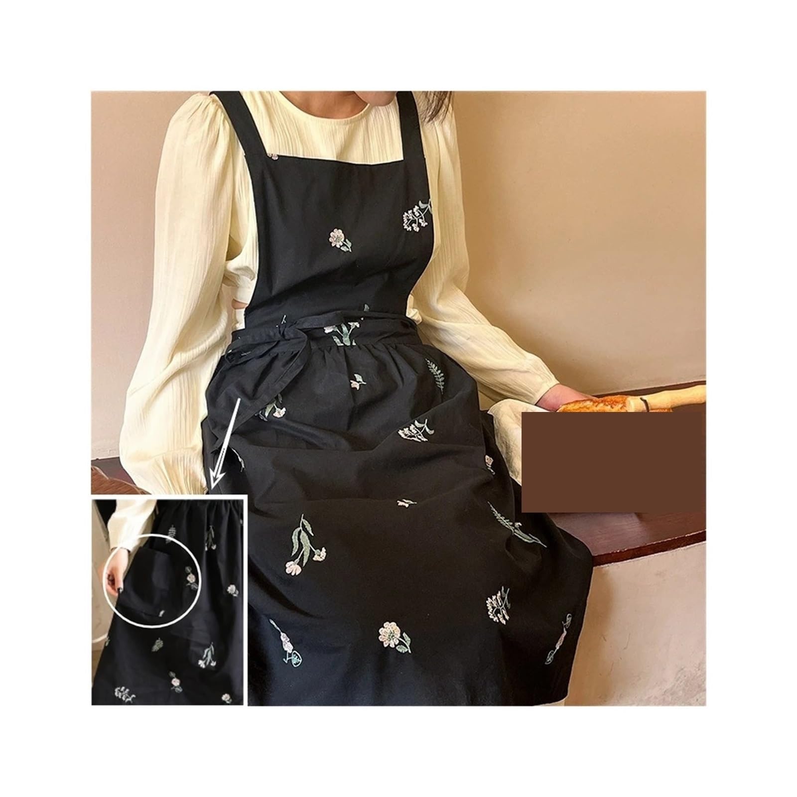 Tela Grembiuli Grembiule da donna in cotone idrorepellente con ricamo for cucina, giardino, incrocio sul retro, scamiciato lungo a pieghe, for cucinare