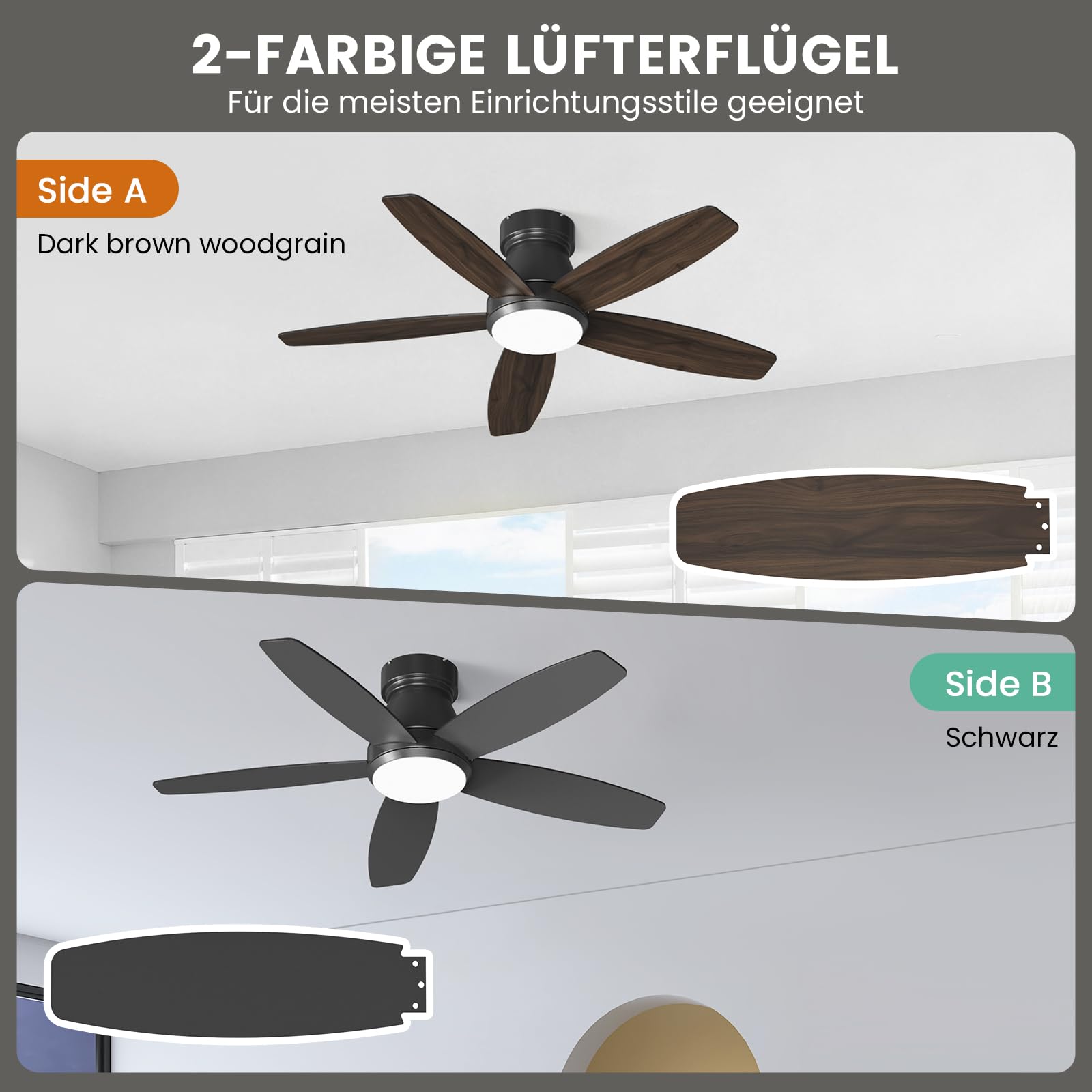 Wentylator sufitowy z oświetleniem, 107 cm, 5 łopatek, wentylator sufitowy z pilotem zdalnego sterowania, 6 biegów, ultracishy, odwracalny silnik prądu stałego, ściemniane diody LED, dwustronne