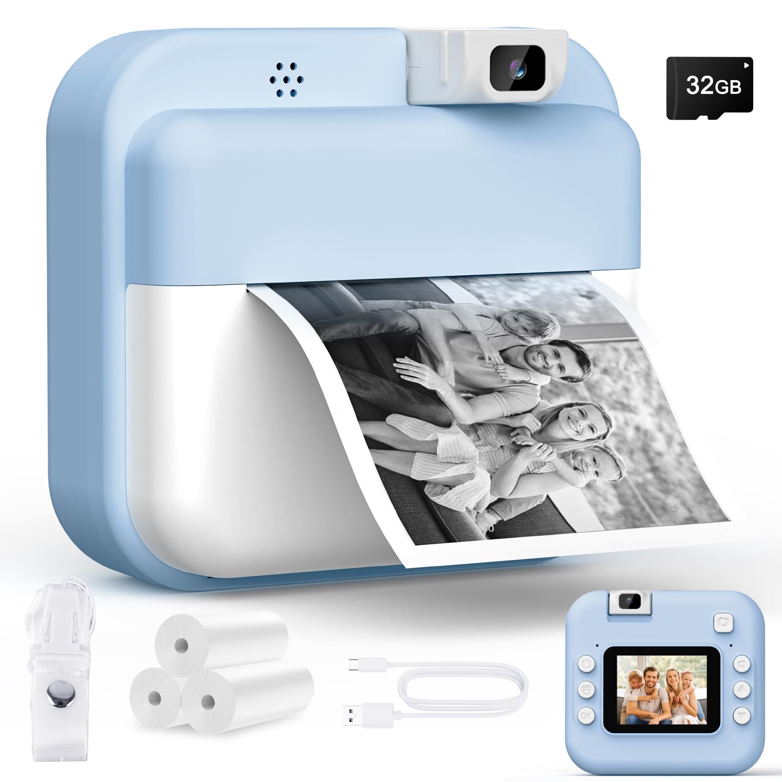 Cámara de Fotos Instantánea, Pantalla HD de 2.0 Pulgadas y 48 MP | 1080P cámara de Fotos Infantil, Tarjeta de 32 GB y 3 Rollos de Papel de Impresión, Ideal para Niños de 3 a 12 Años