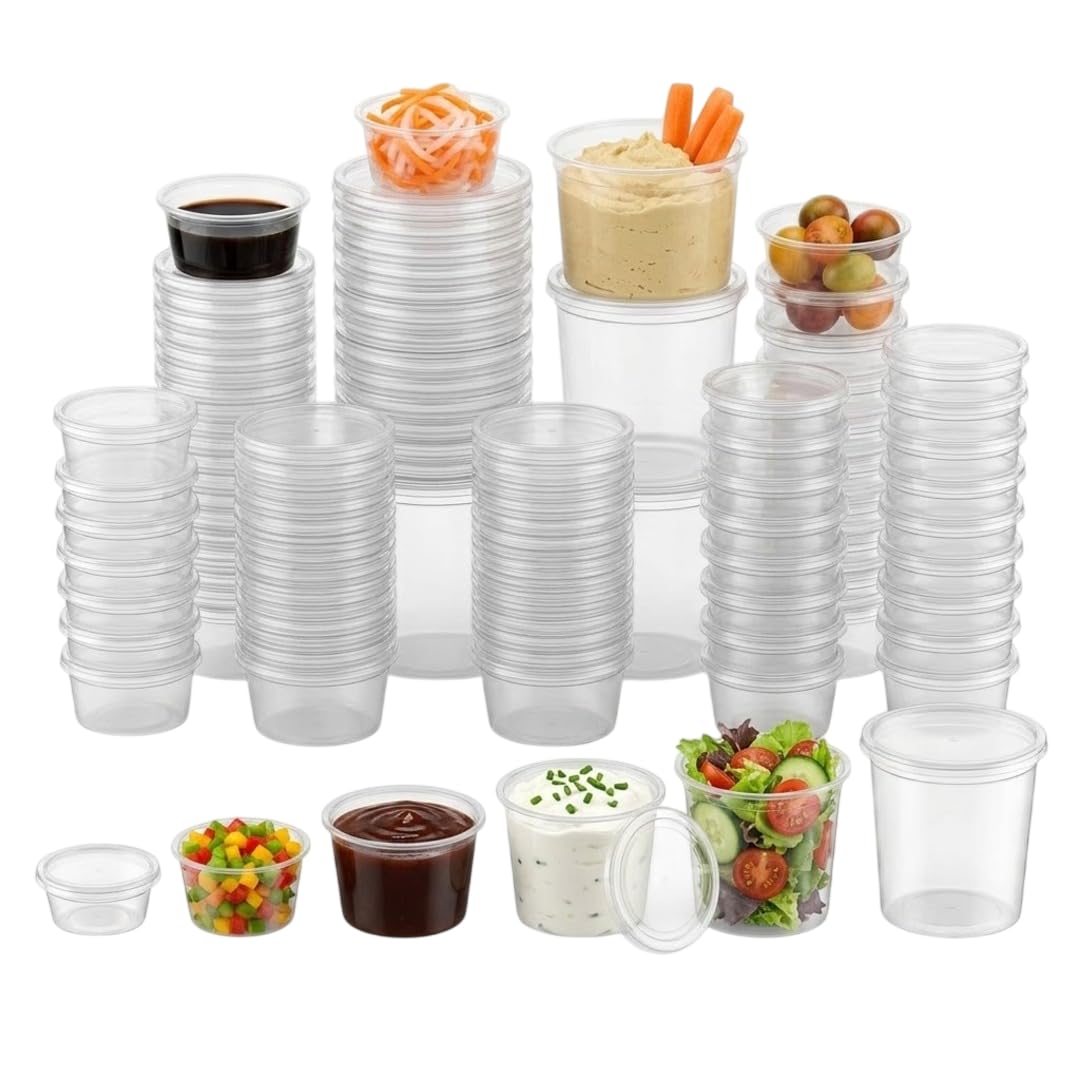 Venuscello 250 x Clear Round Food Container Portion Tub with Lids Plastic Sauce Pots Microwave Freezer & Dishwasher Safe for Store Frozen Food Meal Prep (8oz - 240ml), Transparent (VCC - 001)