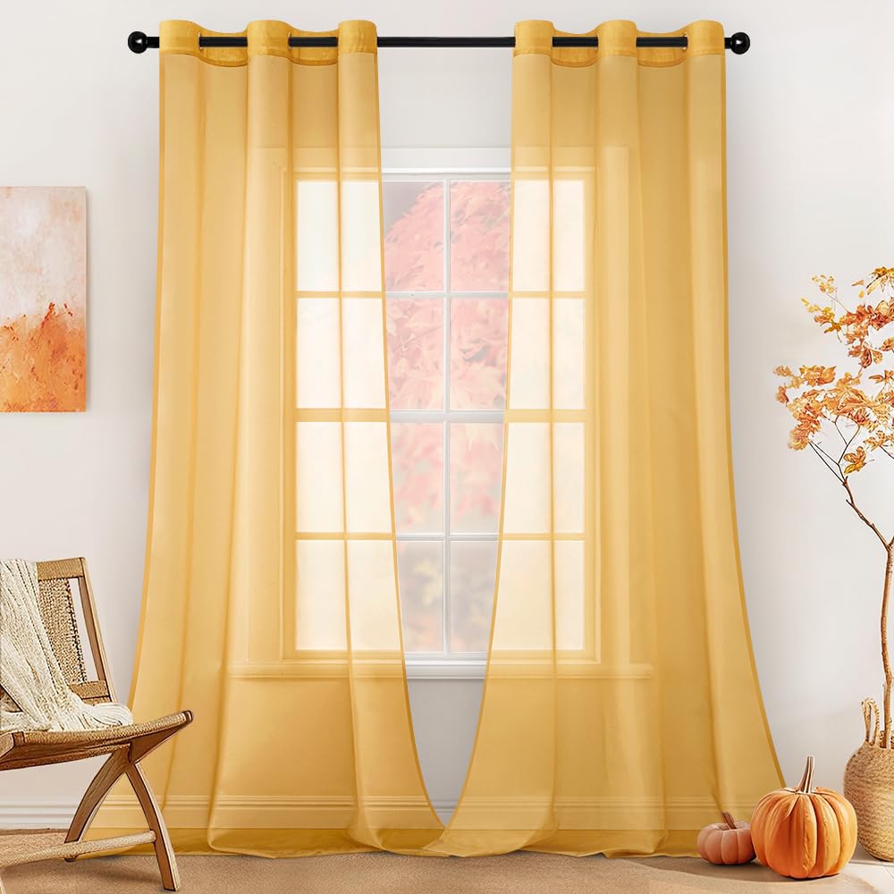 miulee 2 panels solid color sheer curtains 84 inch length set fall elegant grommet light filtering window voile panels/drapes/treatment for bedroom living room w42 x l84 inch, mustard yellow(not exact item but similar)