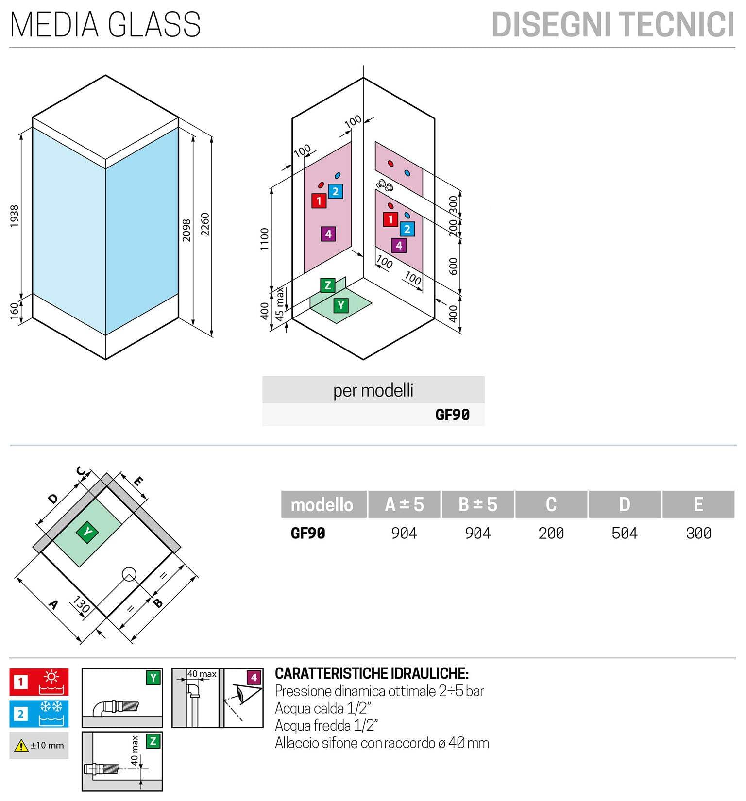 Novellini Media Glass GF Standard Techo Alcachofa 90 x 90 cm Cabina de ducha baño multifunción apertura batiente montaje esquina mezclador mecánico cristal transparente perfil blanco altura 226 cm