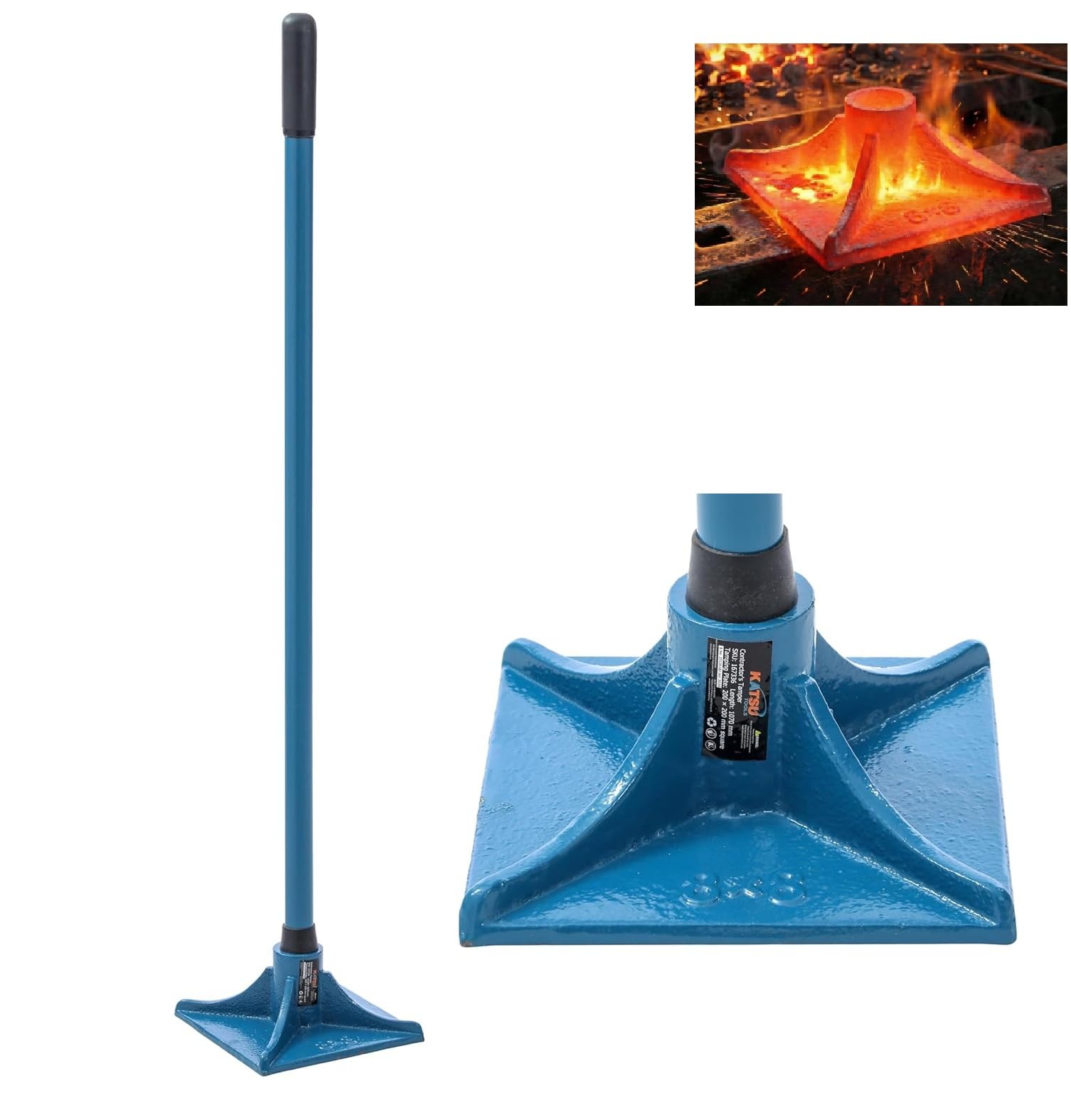 KATSU Tools Heavy-Duty Contractors Tamper - 200 x 200mm Forged Cast Iron Square Head, Ground Compactor for Tamping, Leveling Soil, Gravel, Asphalt, Paving, 167336