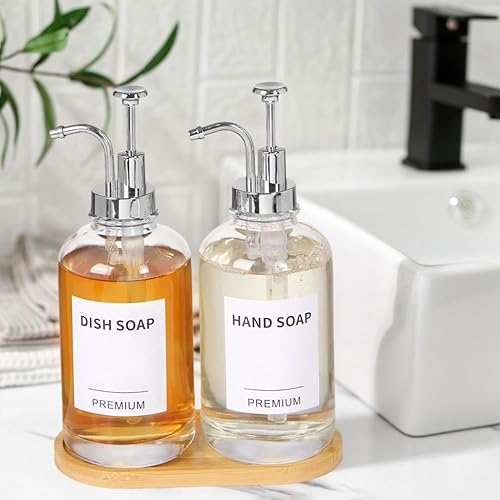 Miniatura 7 de Dispensador de jabón para platos para cocina, dispensador de jabón de vidrio de mano con bomba, bandeja, embudo para baño, ducha, lavandería,