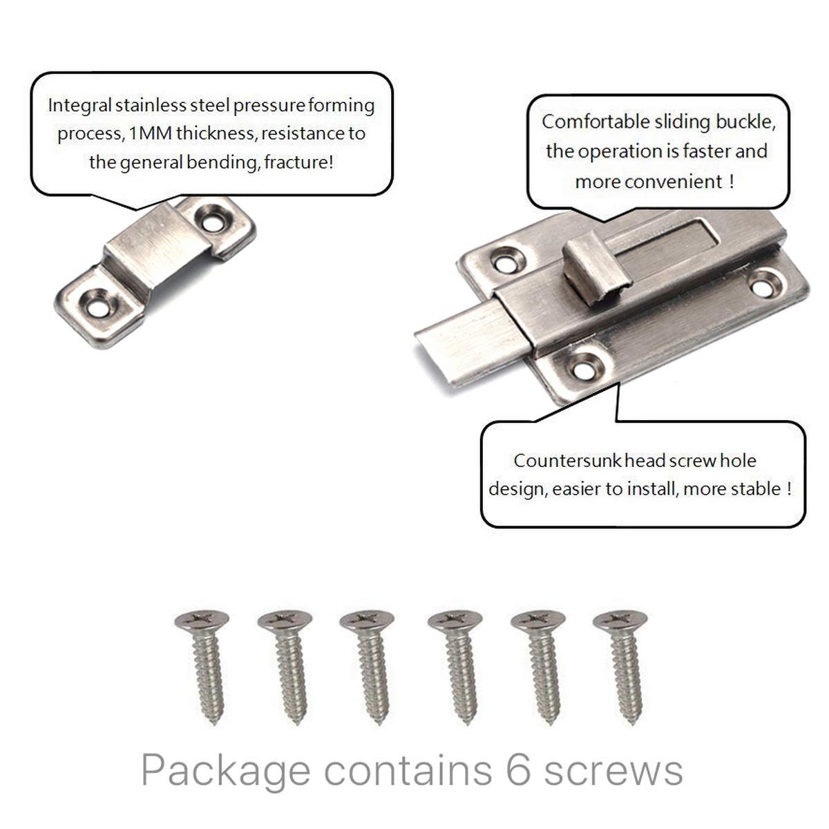 Door Bolts, 2 Pieces Stainless Steel Latch Sliding Door Lock, Surface