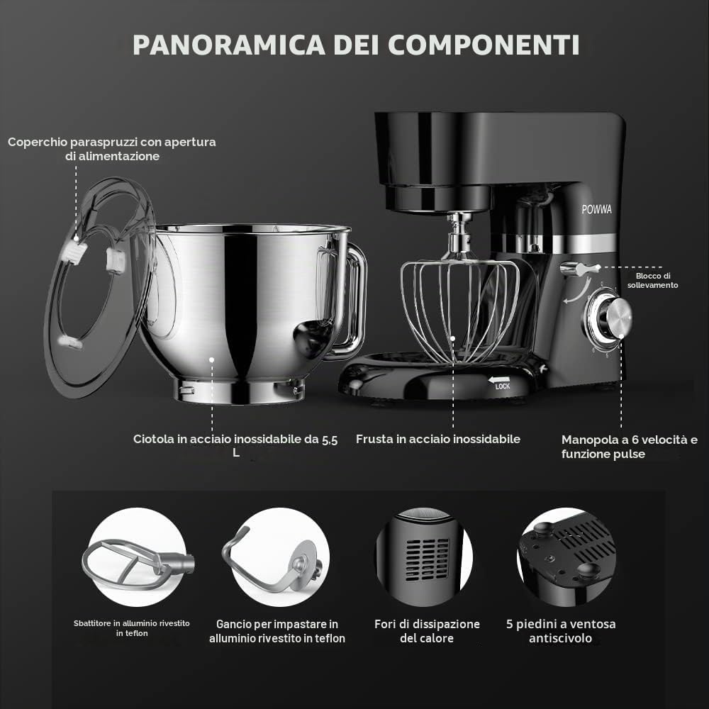 Impastatrice Planetaria, POWWA 5.5L Robot da Cucina, 6+1 Multifunzione Impastatrice Professionale con Frusta, Gancio per Impastare, Frusta per Dolci, Ciotola di Acciaio Inossidabile (Nero)