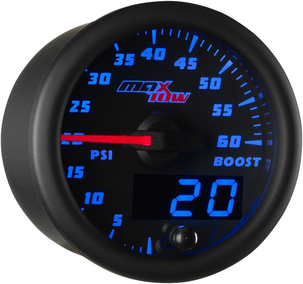 MaxTow Double Vision 60 PSI Turbo Boost Gauge Kit - Includes Electronic Pressure Sensor - Black Gauge Face - Blue LED Illuminated Dial - Analog & Digital Readouts - for Diesel Trucks - 2-1/16" 52mm