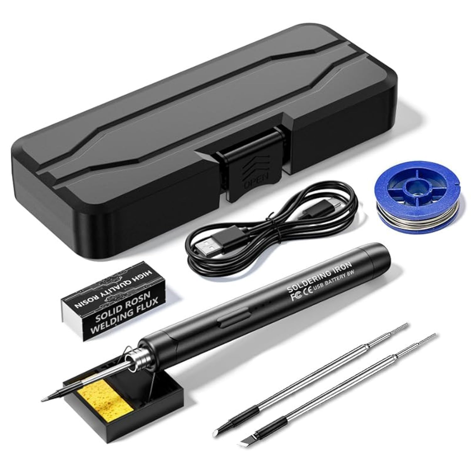 Cordless Soldering Iron Kit, USB Rechargeable Portable Cordless Soldering Iron, 3-speed Temperature Adjustable, Rosin, Soldering Iron Stand, Storage Case, Heating Core, Soldering Iron (Black)