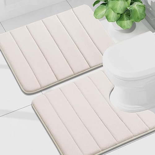 Miniatura 72 de Buganda Juego de 2 tapetes de baño de espuma viscoelástica y tapete para inodoro en forma de U, lavable a máquina, suave, antideslizante, Negro