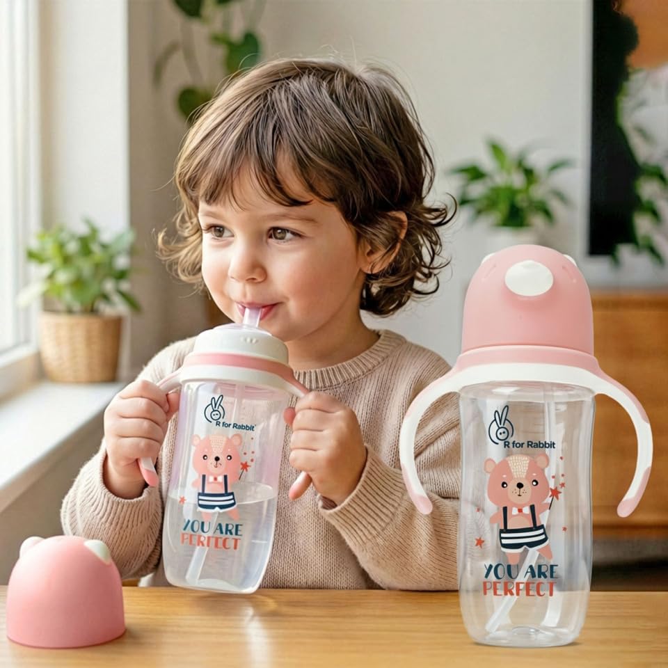- Premium Baloo Kids Straw Sipper Bottle |10 fl oz | Anti Spill Sippy Cup with Soft Silicone Straw BPA Free & Non Toxic for Kids of 12+ Months -(300 ml Pink)